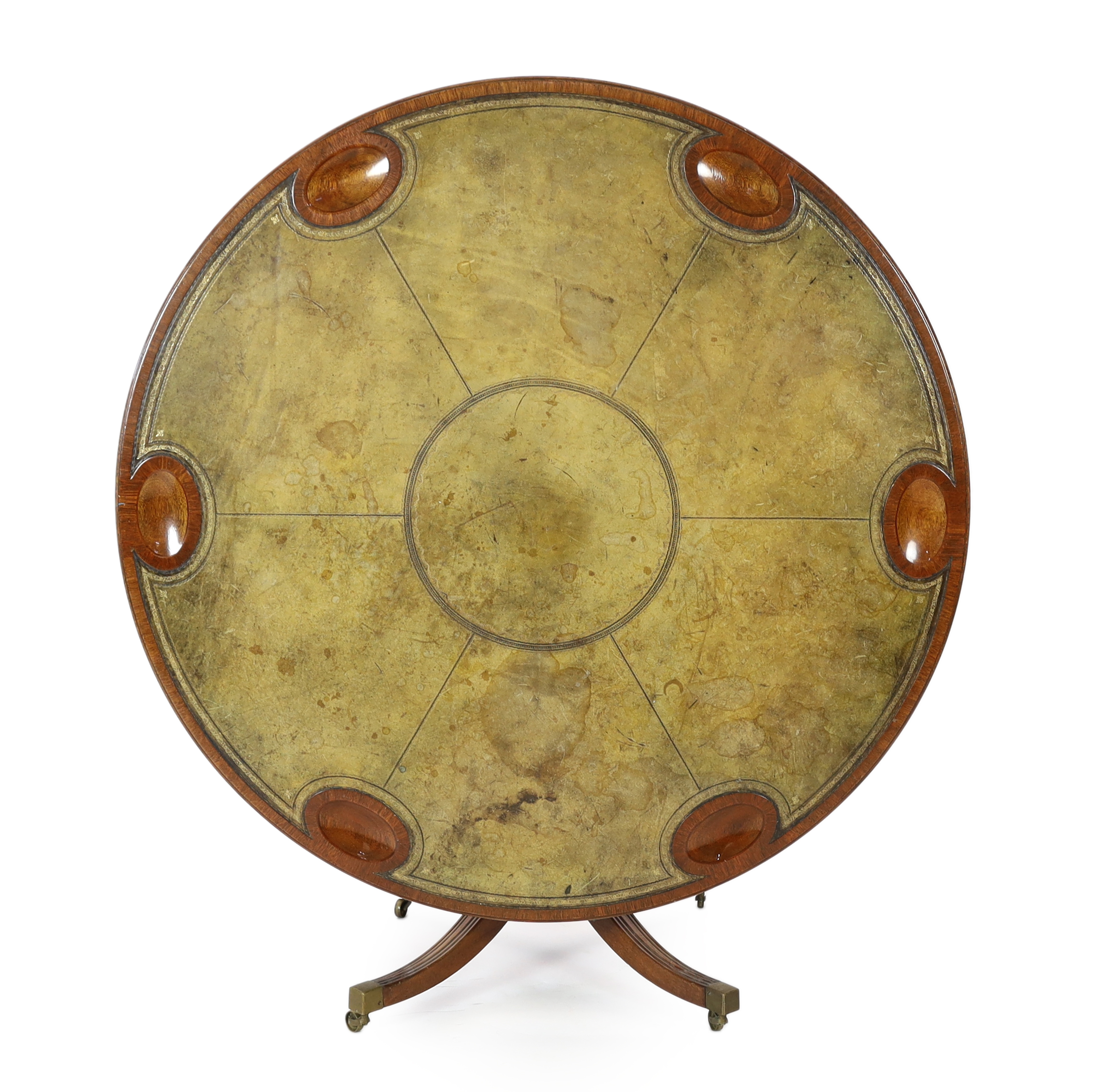 A Regency style mahogany gaming table, 146cm diameter, 75cm high